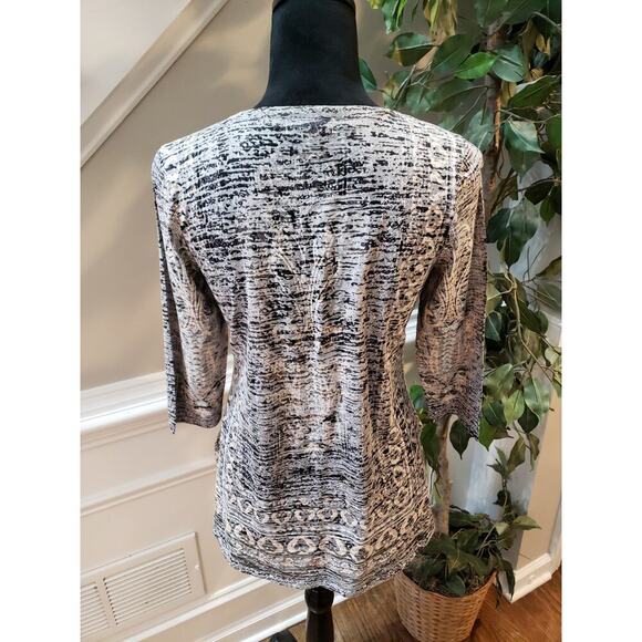 One World Gray Black Blouse SP Gray Black Embellished V Neck Stretch Boho Print - Picture 8 of 12